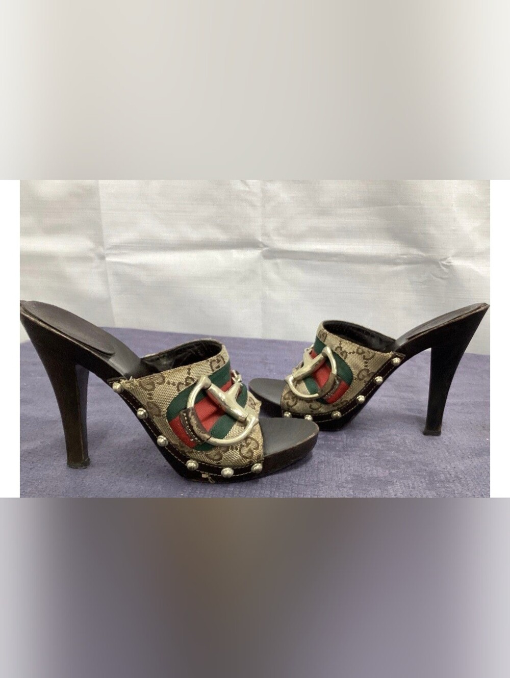 Gucci- Designer  Horse Bit Brown& Black Mule Heel Women's Slide Heels